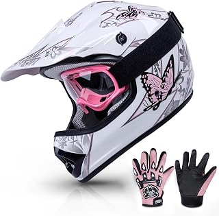 TCMT Youth Kids Dirt Bike Helmet DOT Approved Full Face Motocross Gear | 4-In-1 Set Includes Goggles, Gloves and Carry Bag, Adjustable Visor, Washable Liner, Lightweight, For ATV,UTV