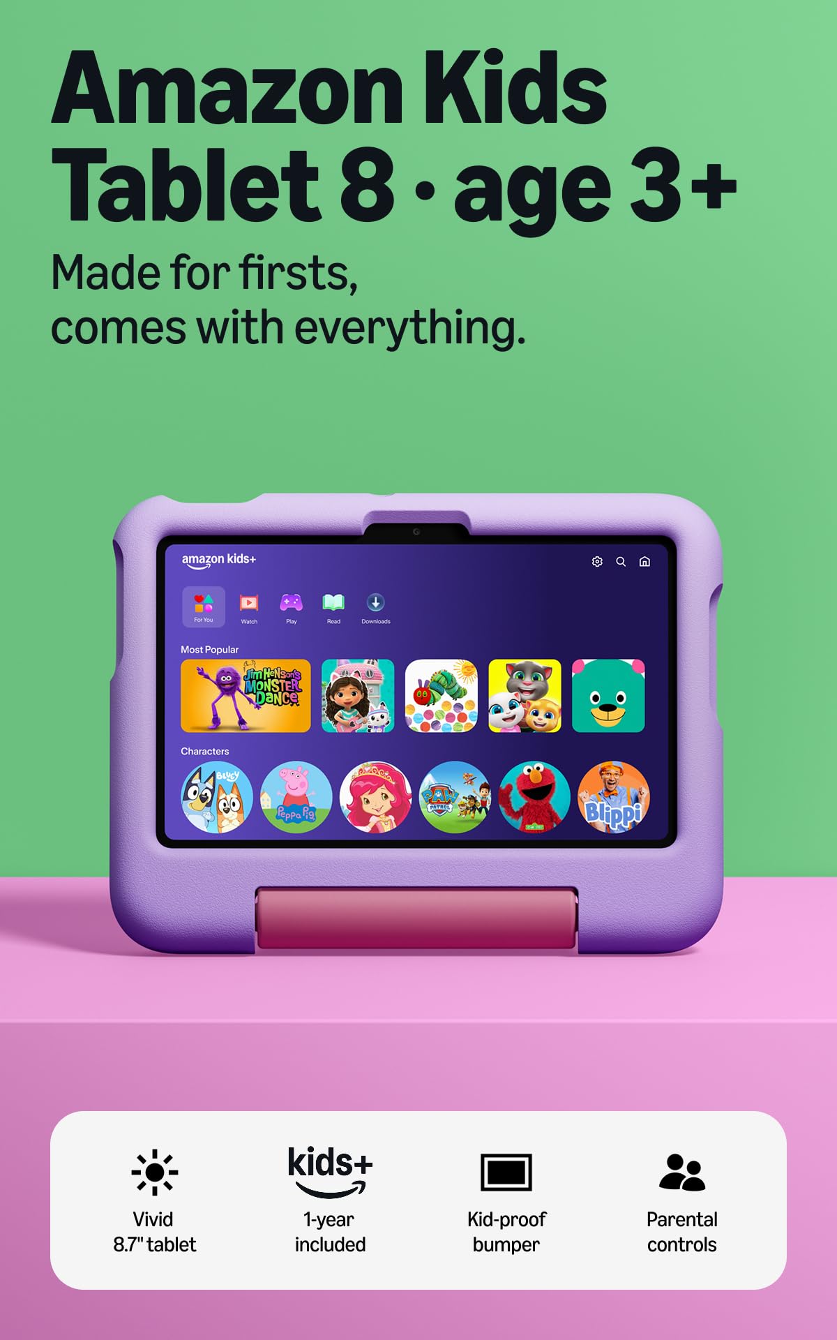 Amazon Kids Tablet 8 (all-new) Ages 3-5, 8.7" display, includes 1-year Kids+ con