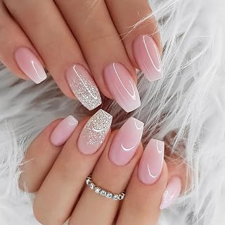 24pcs French Tip Short Square False Nails Pink Gradient Glitter Press-On Nail Ballerina Acrylic Full Cover Fake Nail with Glue Sticker Natural Reusable Stick Nails for Women Girls