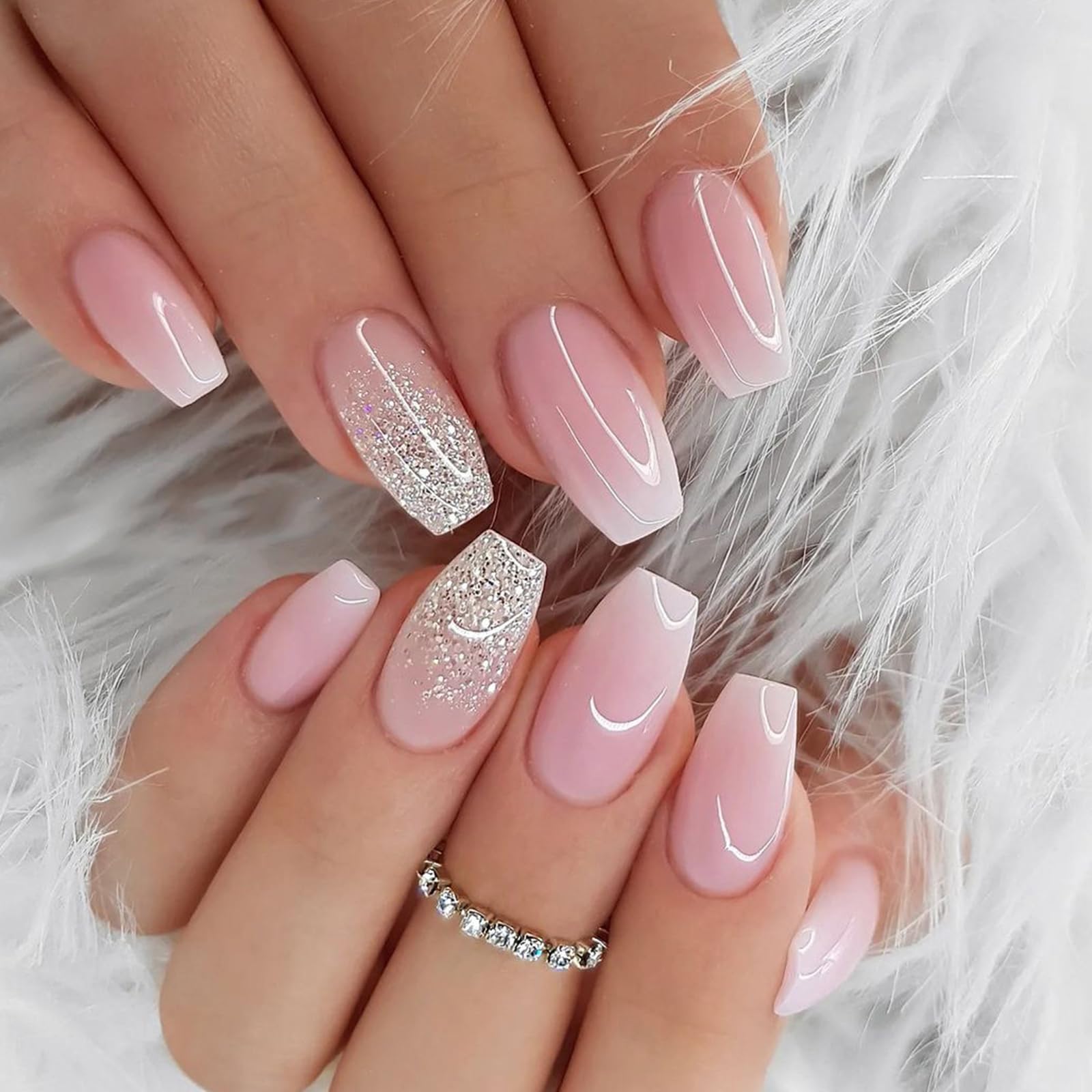 24pcs French Tip Short Square False Nails Pink Gradient Glitter Press-On Nail Ba