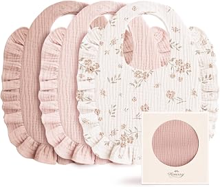 Konssy 3-Pack Muslin Baby Girl Bibs, 100% Cotton with Ruffle Trim | Ultra Soft &amp; Absorbent, Baby Essentials for Drooling and Teething, for Newborn, Infant &amp; Toddler 0-36 Months