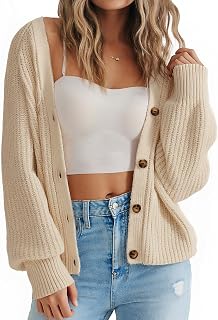 SUUKSESS Women Long Sleeve Button Down Oversized Short Cardigan Fall Loose Open Front Knit Sweater
