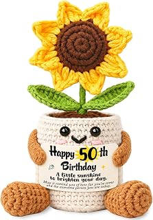SNOOZIA 50th Happy Birthday Gifts for Women Her Mom, Sunflower Crochet | 50 Year Old Milestone Sunflower Birthday Gift with Card for Mom Wife Aunt, Fifty Bday Gift for Friend Sister