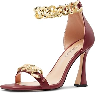 HEUIVZAR Women's High High Kitten Heel Square Toe Sandals Ankle Strap Zipper Metal Chain Wedding Dress 10 CM Heels