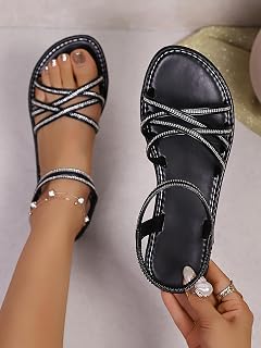 Women's Rhinestone Flat Sandals with Elastic Ankle Strap Open Toe Sandals Summer Casual Sandals