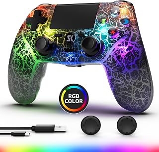 Boowen Wireless Controller for PS4, Controller Compatible with PS4/Pro/Slim,Double Shock 6-Axis Motion Sensor, Sensitive Touch Pad, Built-in Speaker & Stereo Headphone Jack (Black Crack RGB Light)
