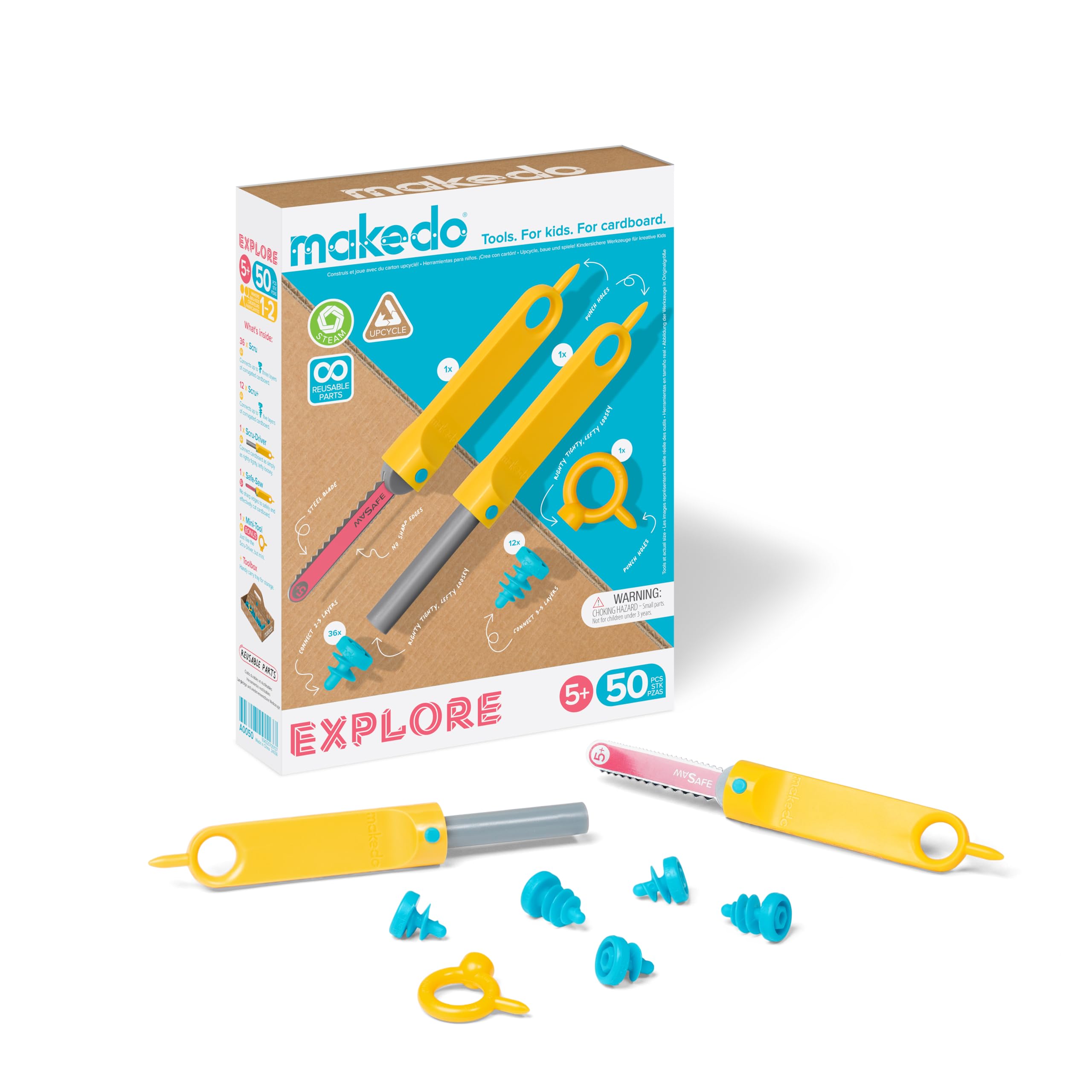 Makedo Explore | Safe Cardboard Construction Tool Kit for Kids, 50 Pieces | Scre