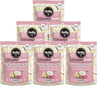Healthy Crunch Coconut Chips - White Choco'Latte - 6 Units x 100g - Indulge in White Chocolate with Cocoa Nibs - Tree Nut-Free, Peanut-Free - Source of Healthy Fats, Fibre, Protein - School Approved