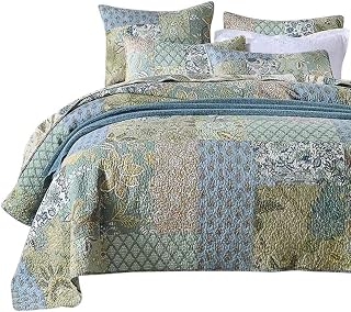 Cotton Bedspread Quilt Sets Queen/Full Size, Reversible Bohemian Floral Patchwork with Real Stitched Plaid Patterns, 3-Piece Bedding Coverlet for All Season (1 Quilt + 2 Pillow Shams)