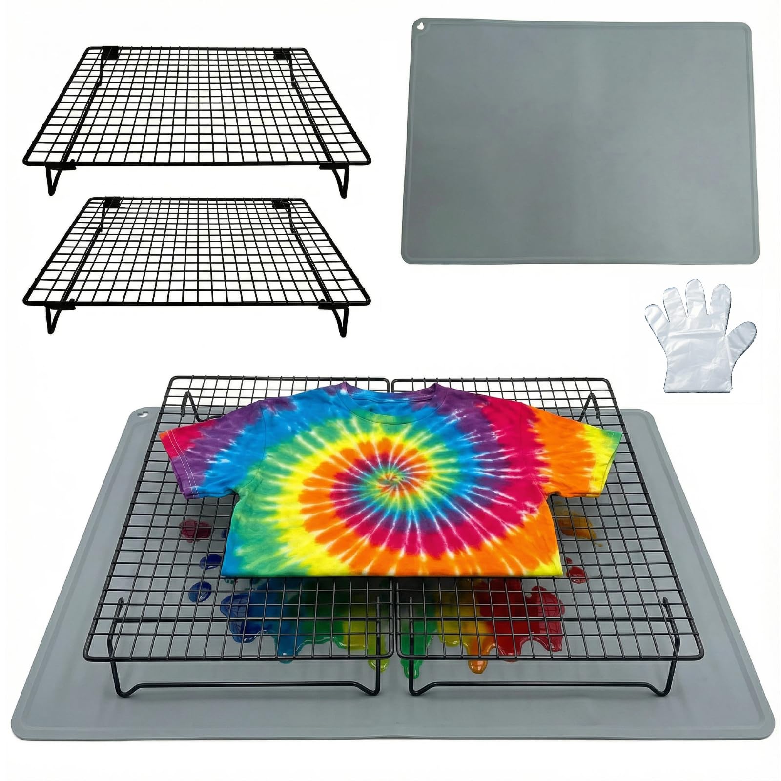 Tie Dye Kit with 2 Adjustable Folding Racks, Non-Slip Silicone Pad & 100 Disposa