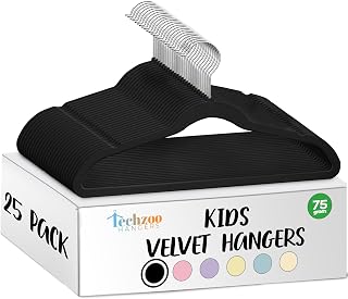 Techzoo Premium Kids Velvet Hangers 25 Pack – 14" Non Slip Felt Cloth Hangers for Closet – Ultra Slim, Space Saving Kids Clothes Hangers with 360° Swivel Hook, Toddler Children Kids Hangers – Black