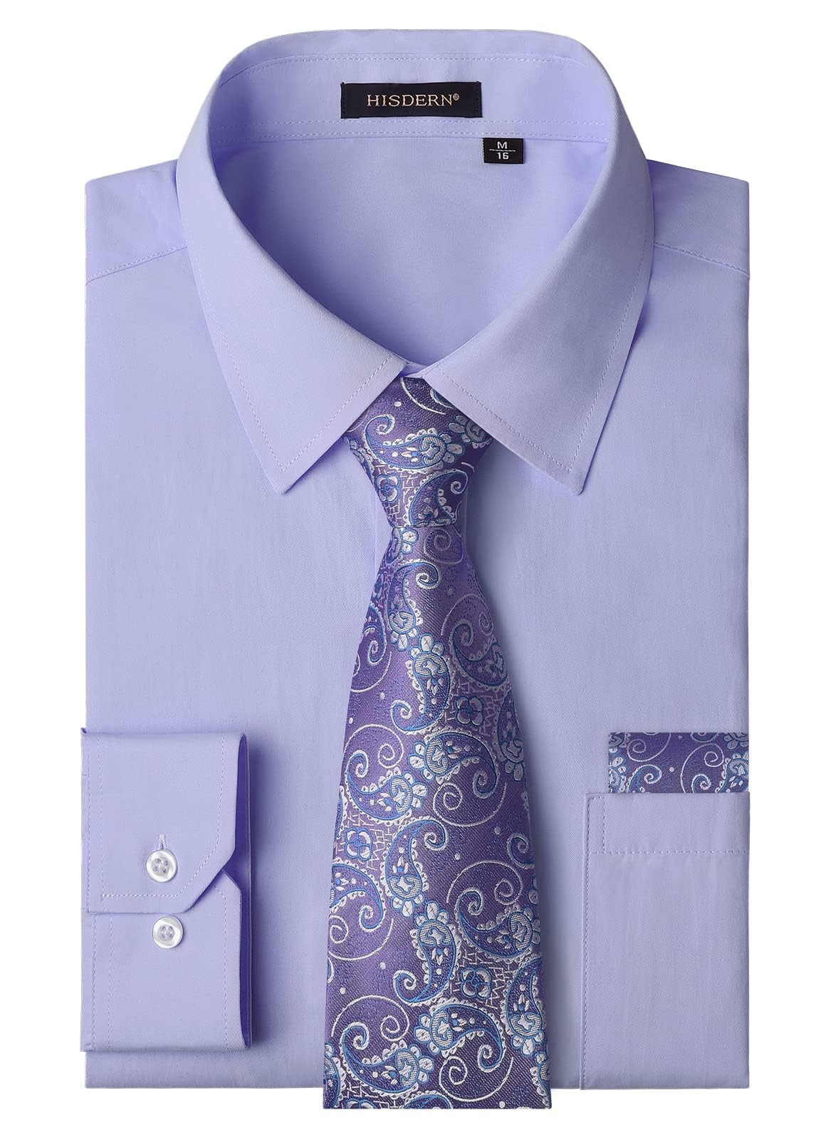 HISDERN Men's Shirt Long Sleeve Plain Shirts with Tie and Handkerchief Formal Bu