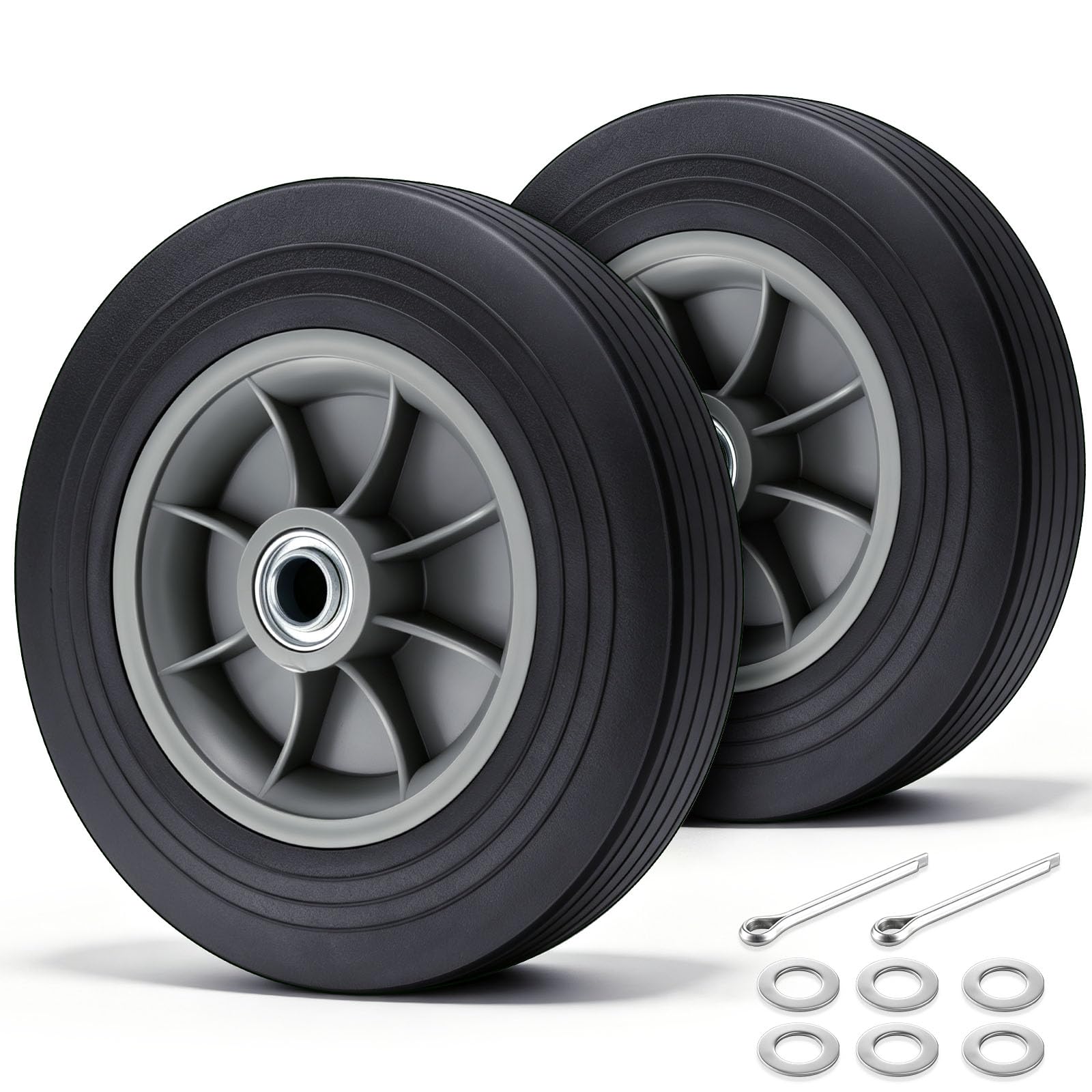 Flutesan 2 Pack 10" x 2.5" Flat Free Solid Rubber Wheels 3/4" Bearings Hand Truc