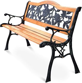 S AFSTAR Outdoor Garden Bench, Patio Garden Bench Porch Bench with Large Rose Cast Backrest & Comfort Wood Seat, 470 LBS Load Capacity, Weather Proof Outdoor Bench for Patio Garden Backyard