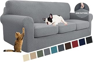 YEMYHOM Latest Checkered 4 Pieces Couch Covers for 3 Cushion Couch High Stretch Thickened Sofa Cover for Dogs Pets Anti Slip Elastic Slipcovers Living Room Furniture Protector (Sofa, Light Gray)