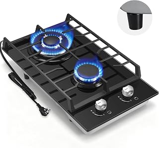 12 Inch Gas Cooktop, 2 Burner Gas Stove, Black Tempered Glass | ETL Certified, Countertop/Drop-in Design, NG/LPG Convertible, Thermocouple Protection, Propane Cooktop for Apartment, RV