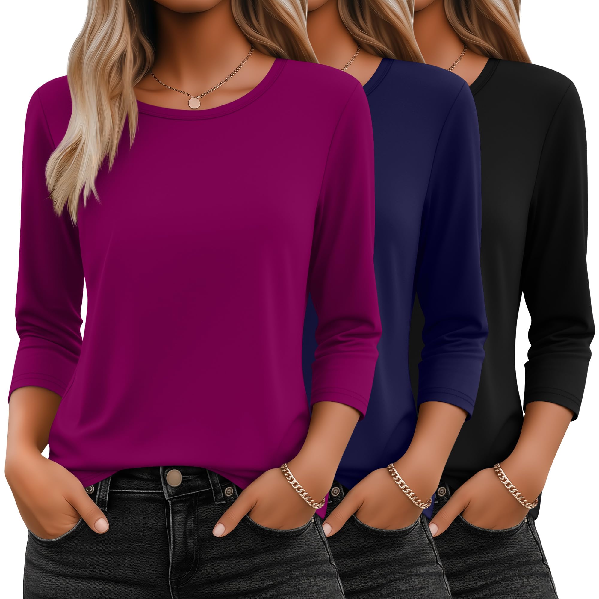 Ficerd 3 Women's 3/4 Sleeves Crew Neck Tops