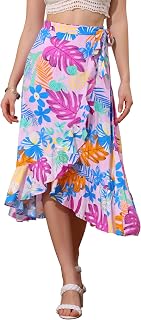 Allegra K Women's Floral Print Ruffle Self Tie Split Hawaiian Wrap Skirt