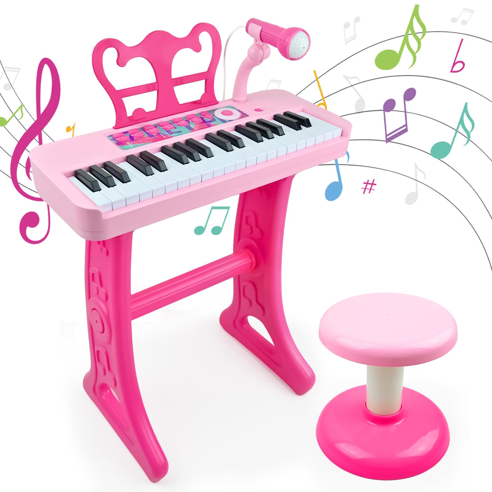 Love&Mini Kids Keyboard Toys for Girls - 37 Keys Pink Pianos Toy with Stool | Ki
