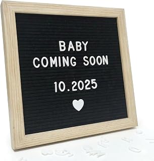 Black Felt Letter Board 10x10in, Baby Announcement Sign, 336 Letter Kit | First day of school sign, pregnancy milestone photos, wooden frame, stand and wall hanger, nursery and everyday messages