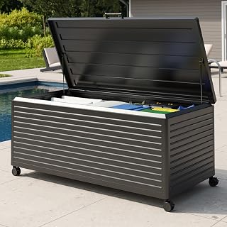 MIRADOR 281 Gallon Outdoor Storage Box with Wheels & Soft-Close Lid, Waterproof Metal Deck Box for Patio Cushions, Garden Tools & Pool Accessories, Charcoal