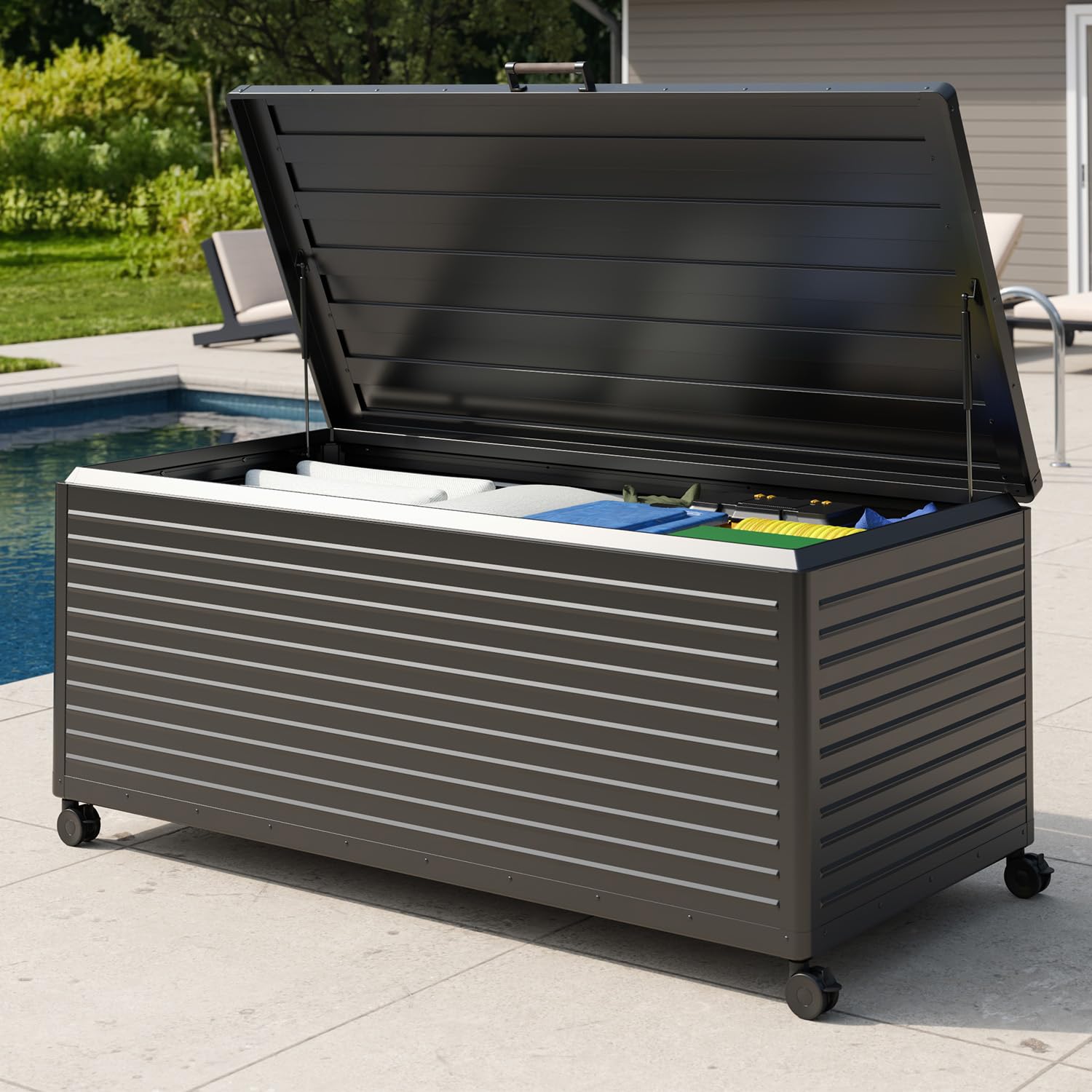 MIRADOR 281 Gallon Outdoor Storage Box with Wheels & Soft-Close Lid, Waterproof 