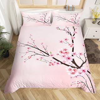 Cherry Blossoms Duvet Cover Set Sakura Flowers Branch Comforter Cover Pale Pink Bedding Set For Girly Girls Teens Kids Child,Japanese Spring Quilt Cover Queen Size 1 Duvet Cover With 2 Pillow Case