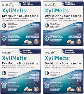 XyliMelts - Dry Mouth Product made with Xylitol - Stimulates Saliva Production Naturally - Mint Free - Value Pack of 4 x 40-Count Boxes - Sticky Time-Release Xylitol Lozenges - Canadian Version