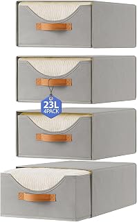 4 Pcs Closet Drawers and Large Size Clothes Storage Bins Push-Out Storage Drawers Stackable Shelf Drawers with See-Through Window Closet Organizers for Bedroom, Living Room, Under Bed, Grey