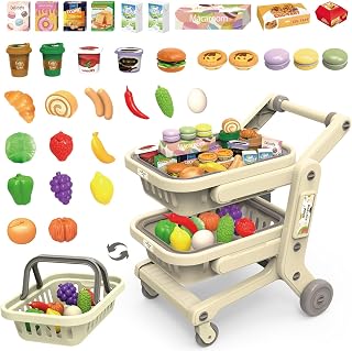 Kids Shopping Cart Toy, Shopping Cart Set with 2 Basket(Grey) | 34 PCS Toy Shopping Cart with Food Shop Accessories, Detachable Shopping Basket, Kids Role-Play, Birthday & Holiday Gift