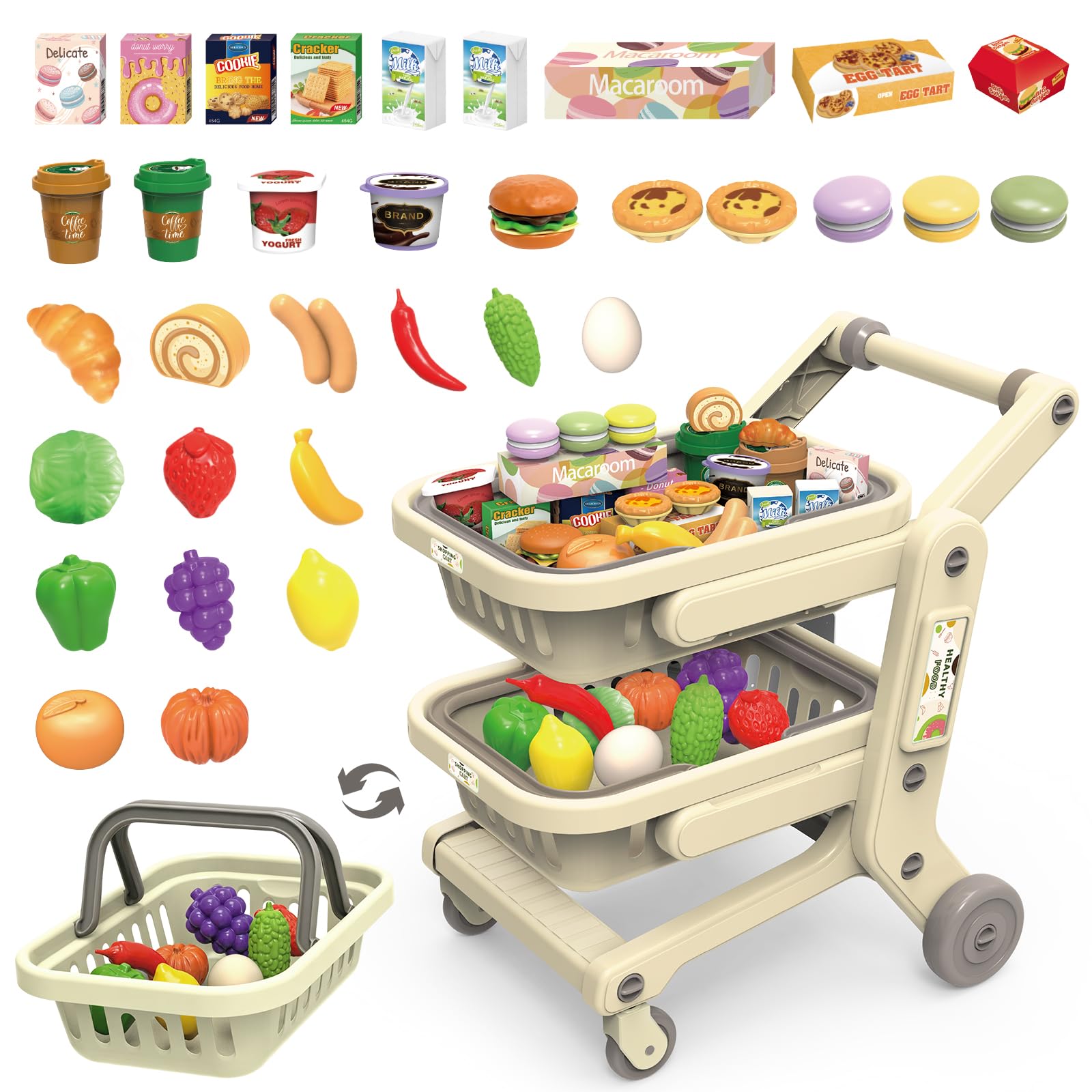 Kids Shopping Cart Toy, Shopping Cart Set with 2 Basket(Grey) | 34 PCS Toy Shopp