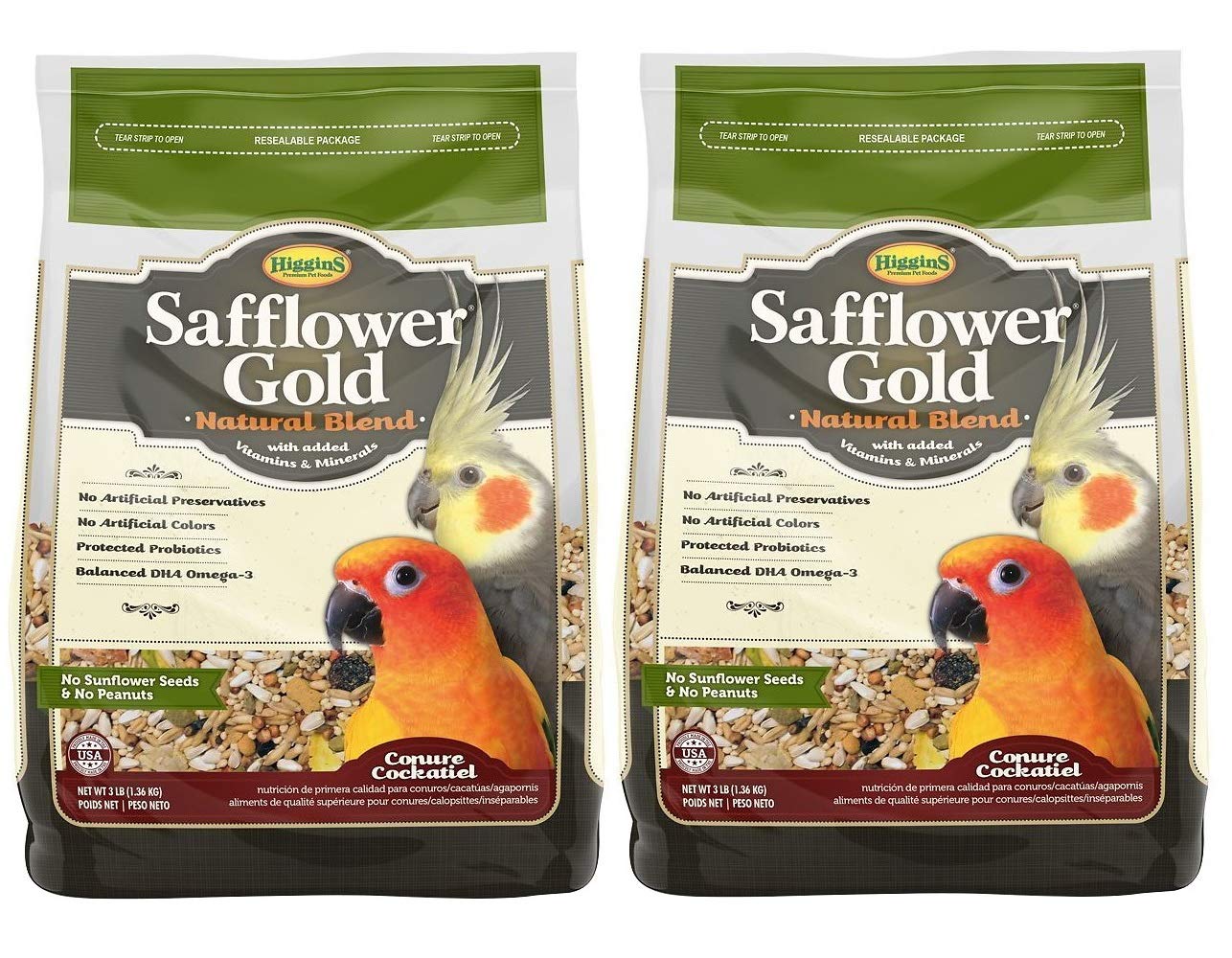 Higgins 2 Pack of Safflower Gold Natural Blend Conure and Cockatiel Food, 3 Poun