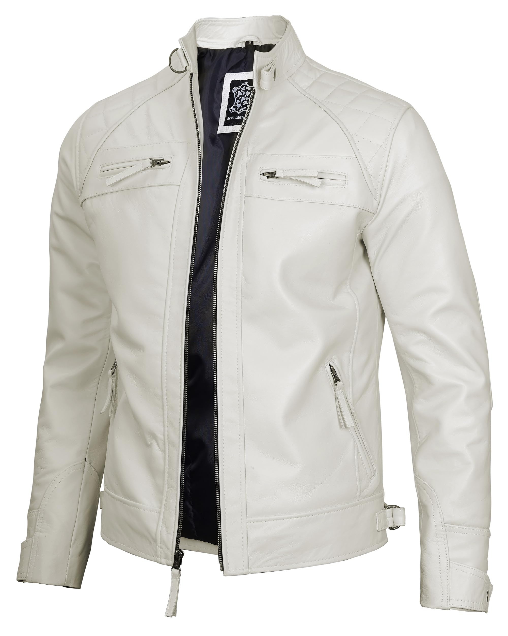 fjackets Mens Leather Jacket Moto Style Real Lambskin Leather Jacket, Quilted Ca