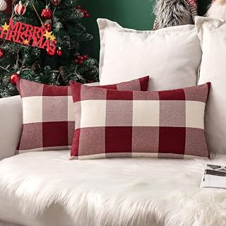 MIULEE Pack of 2 Christmas Plaids Linen Soft Solid White and Red Christmas Decorative Throw Pillow Covers Home Decor Cushion Case for Sofa Bedroom Car 12 x 20 Inch 30 x 50 cm