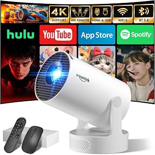 [Built-in App & 2026 Upgraded] Mini Projector with WiFi 6 and Bluetooth 5.4 | Support 4K 1080P Auto Keystone 180° Rotatable Projector Portable Compatibile with HDMI/TV Stick/Memory Stick/Laptop, White