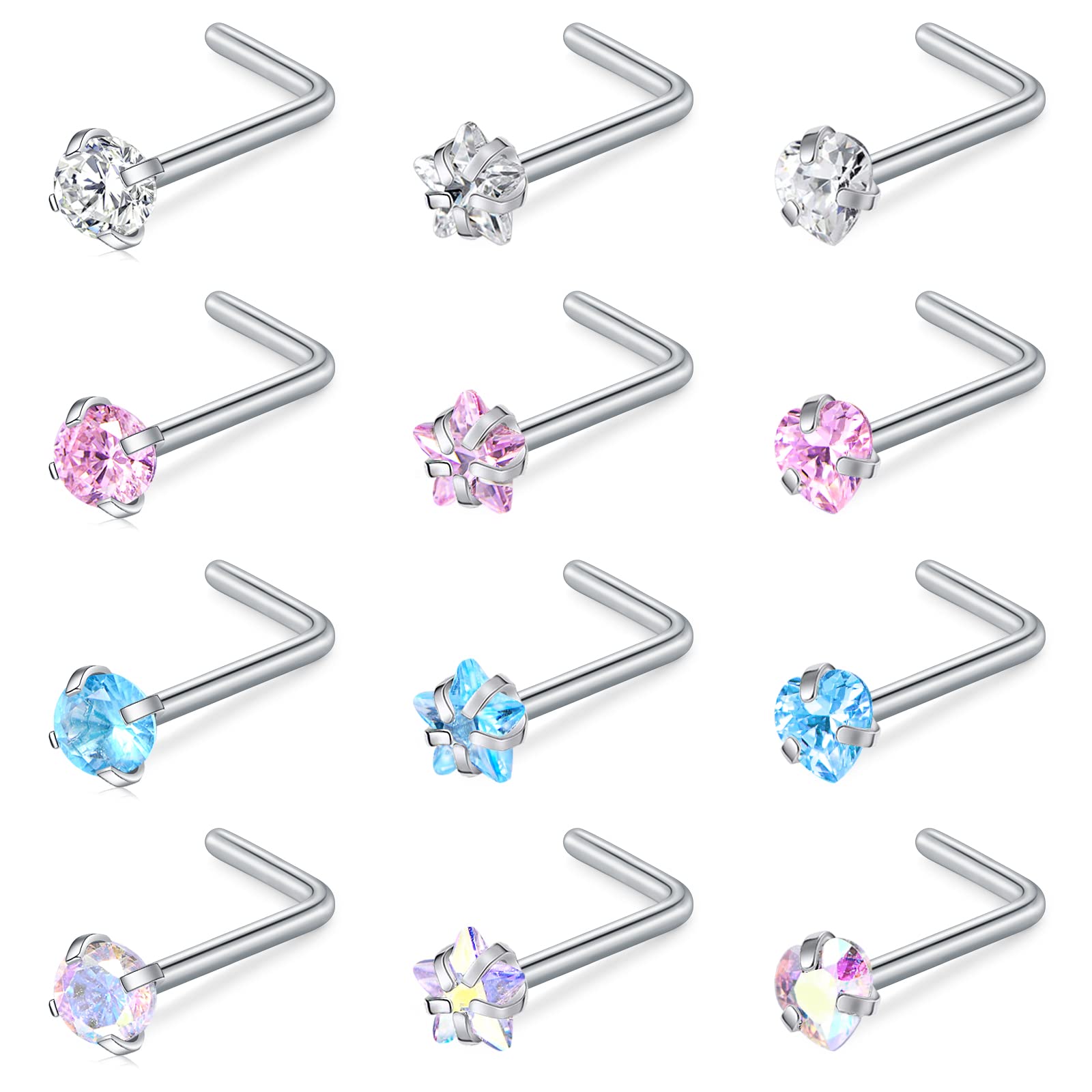 WillTen 20G Nose Studs L Shape Women Nose Studs Colorful Diamond CZ Silver Stain