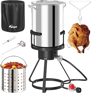 30QT Stainless Steel Turkey Fryer | Outdoor Fryers with Cover | Basket | 50,000 BTU Propane Burner | Ideal for Crawfish Shrimp Lobster Seafood Boiling & Turkey Frying