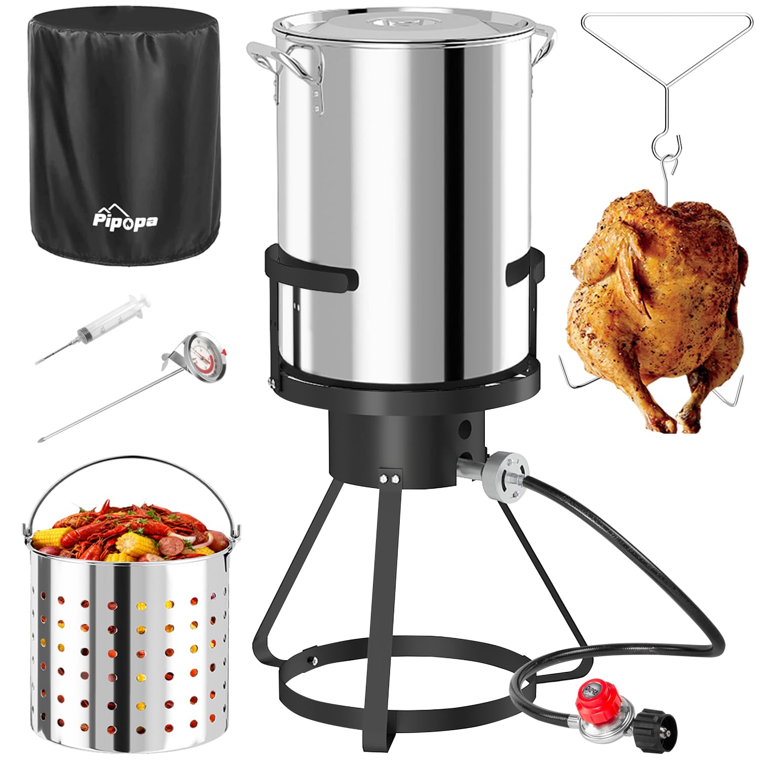 30QT Stainless Steel Turkey Fryer | Outdoor Fryers with Cover | Basket | 50,000 