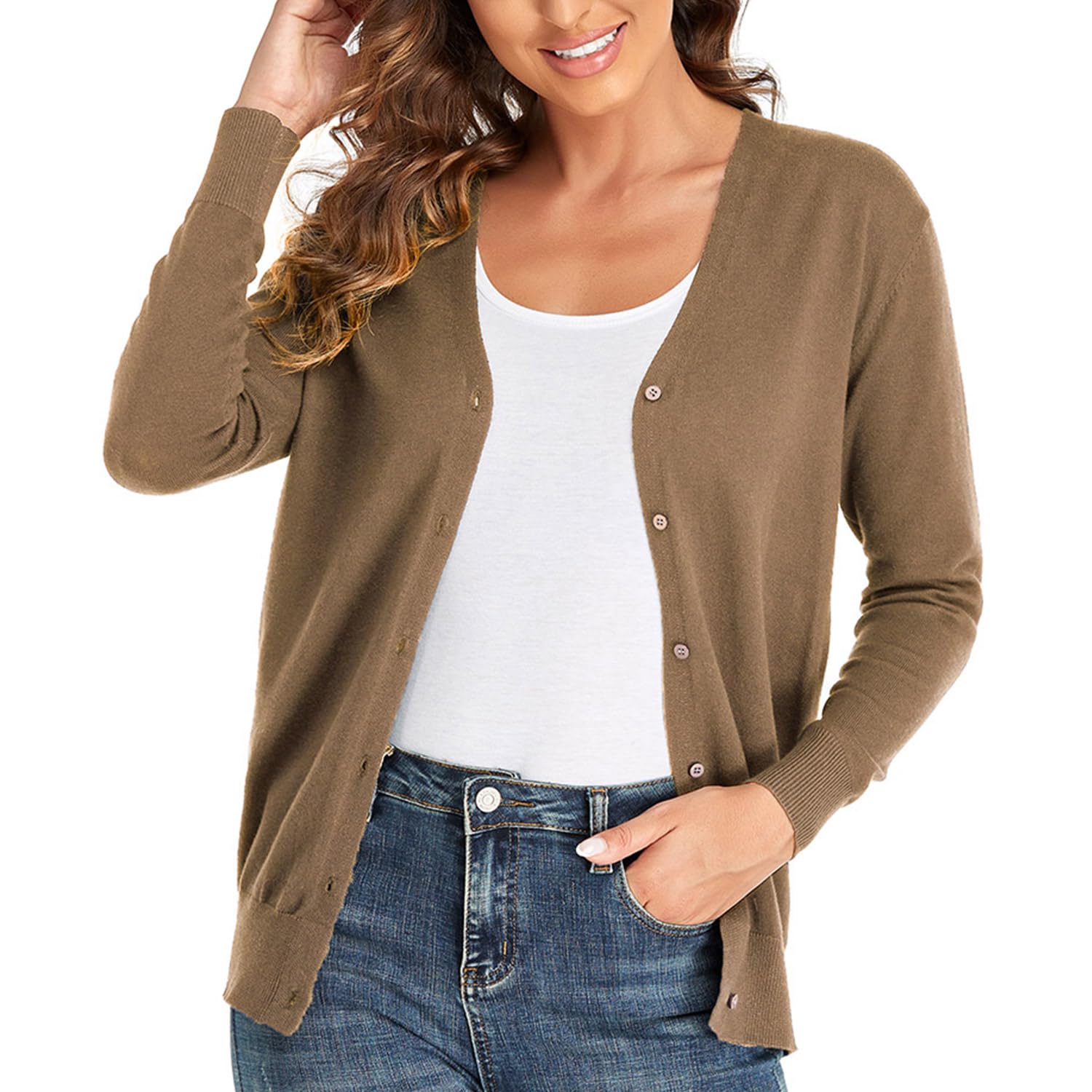 CUNYI Women's Cardigan V-Neck Knitted with Buttons Round Neck Classic Long Sleev