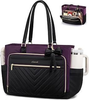 LOVEVOOK Laptop Tote Bag for Women, Work Bag Teacher Tote with Large Cup Holder, Quilted Nurse Diaper Bag for Travel, Computer Women's handbags for Teacher gift, Black-Purple, 17.3 Inch