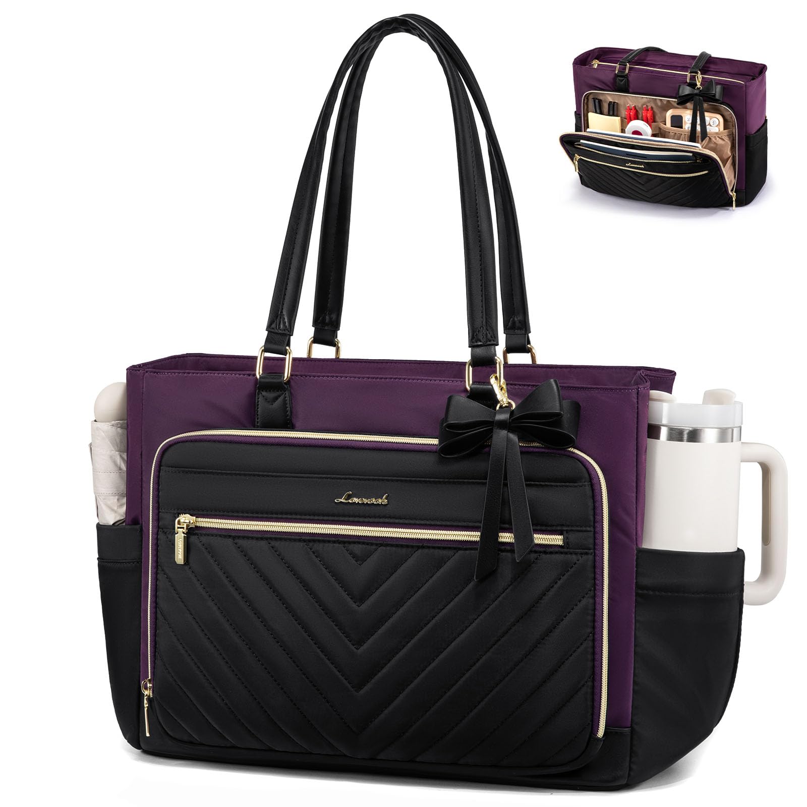 LOVEVOOK Laptop Tote Bag for Women, Work Bag Teacher Tote with Large Cup Holder,