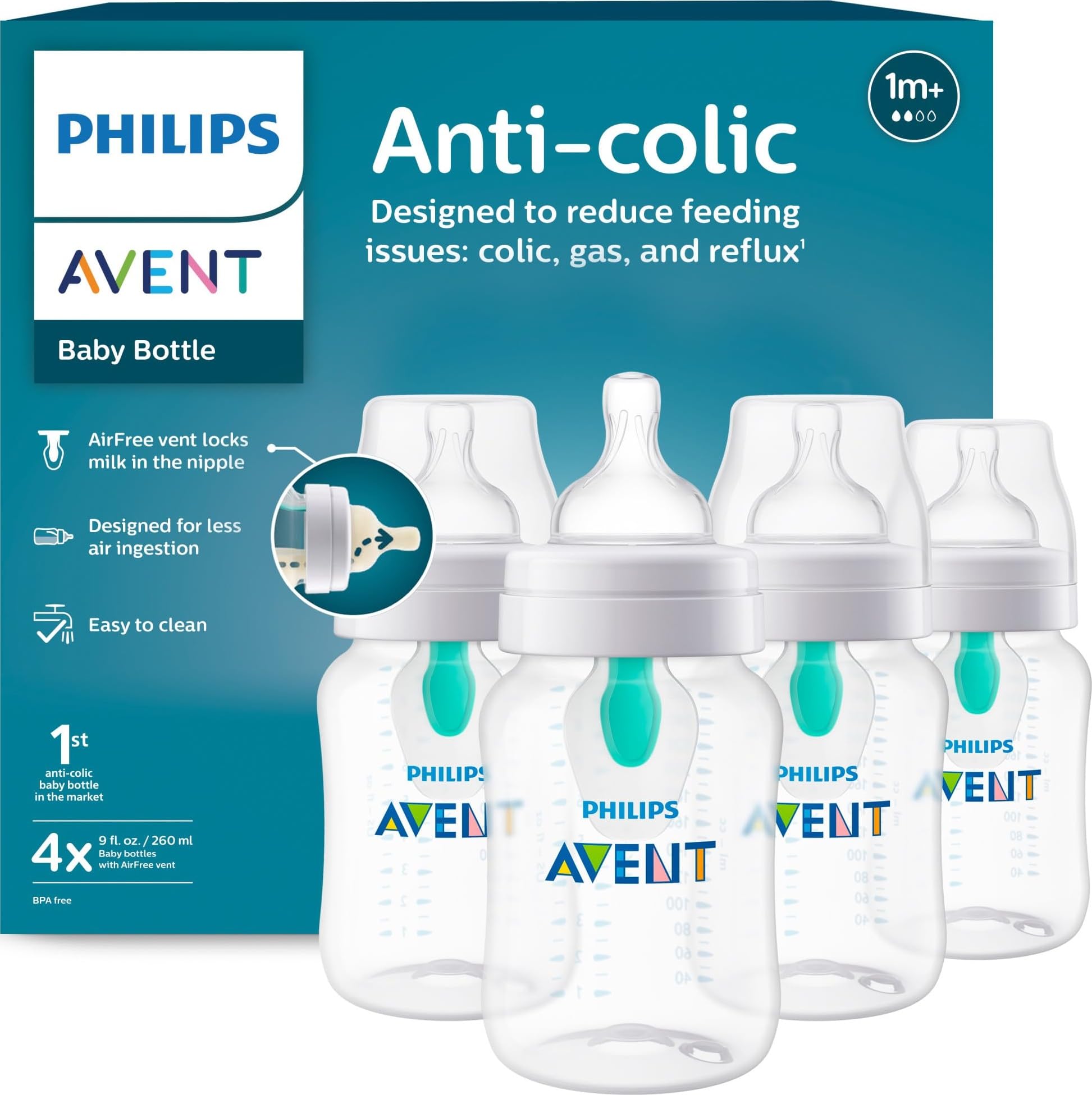 Philips Avent Anti-Colic Baby Bottle with AirFree Vent, Medium Flow, 9 oz | AirF