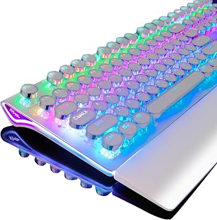 RK Royal KLUDGE S108 Typewriter Style Retro Mechanical Gaming Keyboard Wired with True RGB Backlit Collapsible Wrist Rest 108-Key Red Switch Round Keycap - White