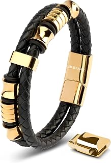 SERASAR Premium Leather Bracelet for Men, Magnetic Clasp Made of Stainless Steel in Black, Silver and Gold, Includes Jewellery Box, Great Gift Idea