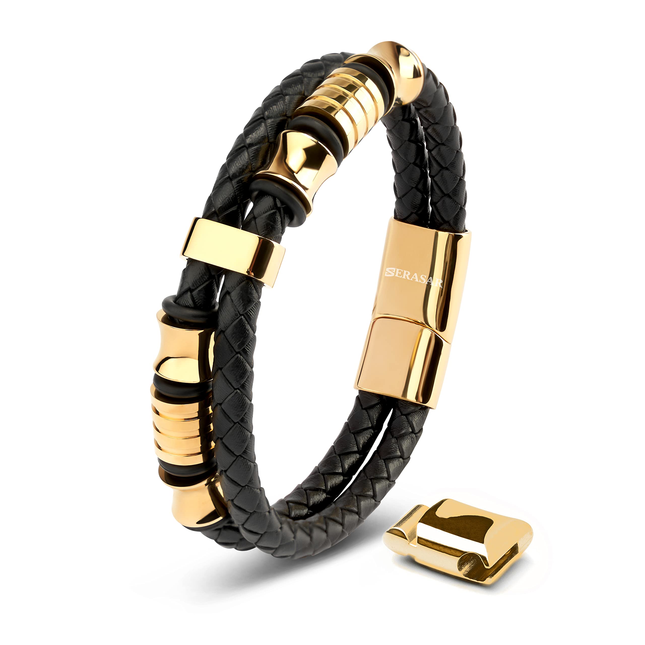 SERASAR Premium Leather Bracelet for Men, Magnetic Clasp Made of Stainless Steel