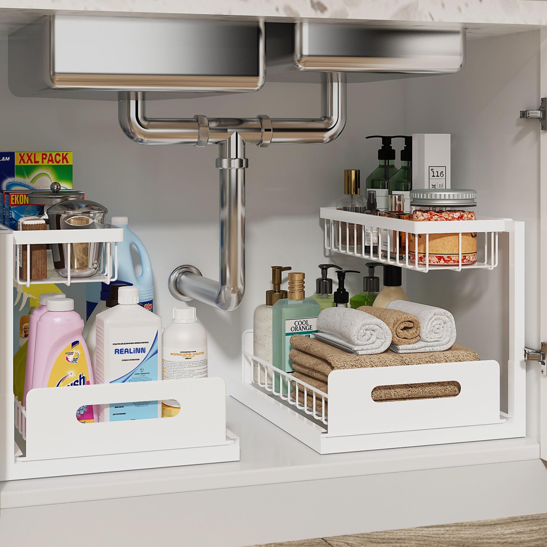 REALINN Under Sink Organizer, L-Shaped 2 Tier Pull Out Cabinet Organizer | Slide