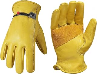 HANDLANDY Leather Gardening Gloves, Leather Work Gloves, Golden, M
