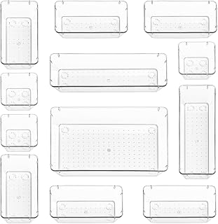 Stackzy Drawer Organiser Set – Makeup Organiser Tray for Drawers – Clear Cosmetics Container Tray for Bedroom – Utensil Cutlery Set Divider – Kitchen Storage & Organisation – 12pack