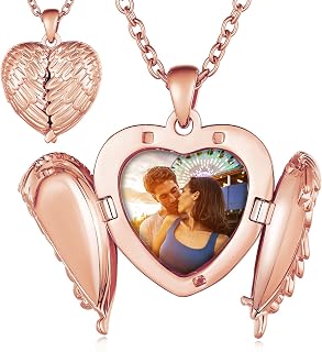Custom4U Personalized Heart Locket Necklace with Pictures,Sunflower/Angel Wings/Heart Shaped Lockets Custom Photo,Gold/Rose Gold/White Lockets That Holds Picture,Customized Memorial Jewelry for Women