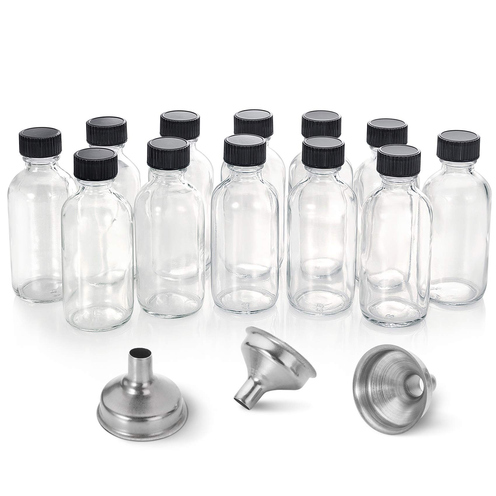 12 Pack 2 oz Small Clear Glass Shot Bottles with Caps, 60ml Travel Bottles | 3 F